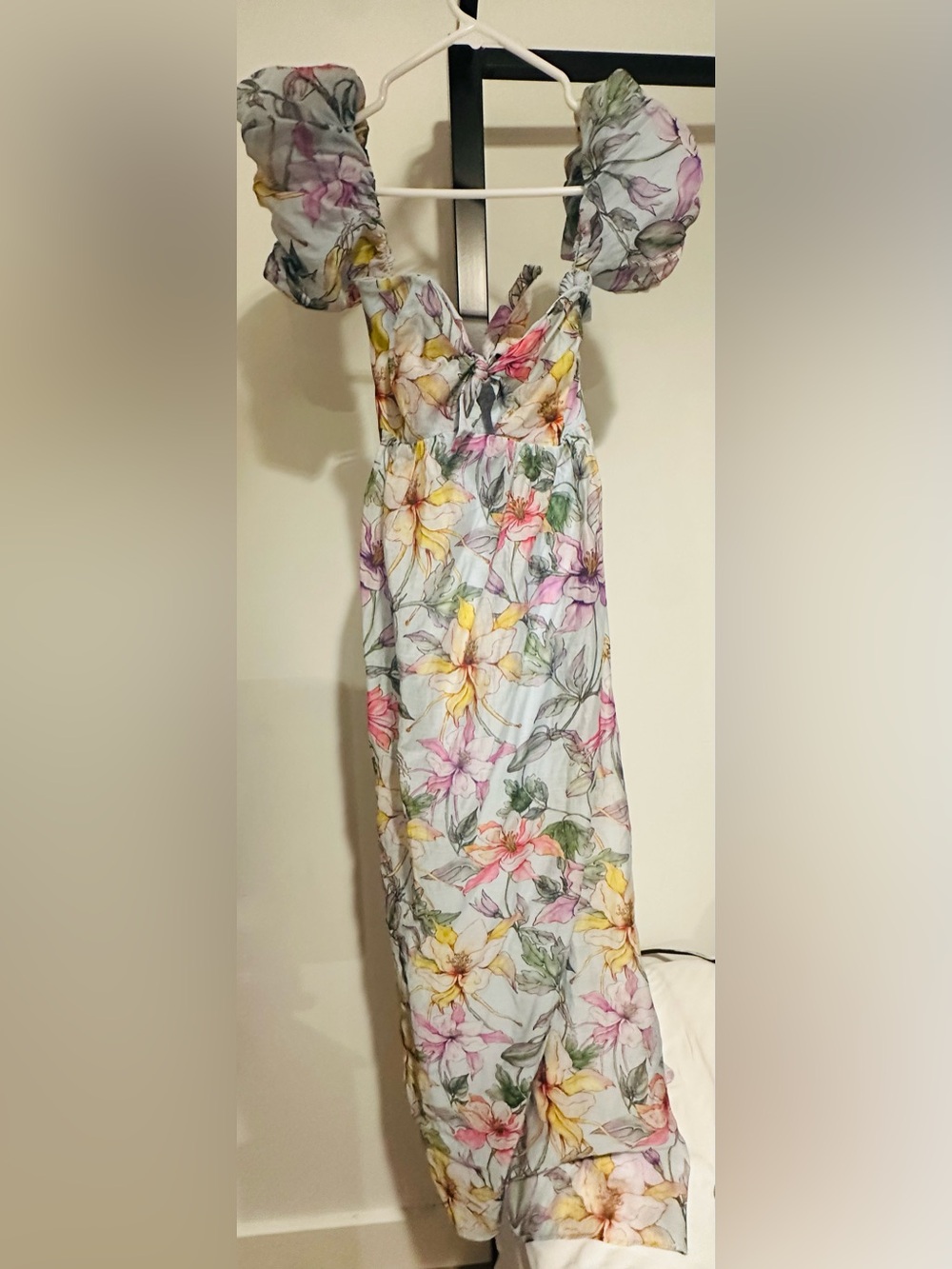 Floral Puff-Sleeve flowy dress -blue with Pink & Yellow Blooms